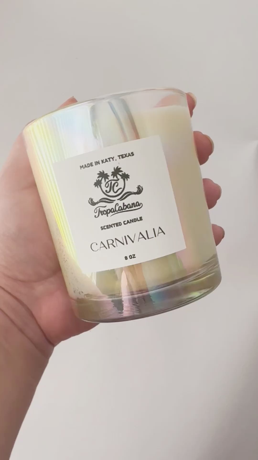 8 oz Carnivalia Iridescent Candle, Spring Collection, Inspired by the carnival in Brazil, tropical fruity fragrance, Iridescent Glass Candle jar, made with coconut wax, luxury candle, vegan candle, unisex candle, handmade candle, handpoured candle, popular gifts, travel in a jar, glow everywhere you go, unisex gift, gifts for him, gifts for her, mother's day, valentine's day, graduation day, christmas day, easter day, birthday. anniversary